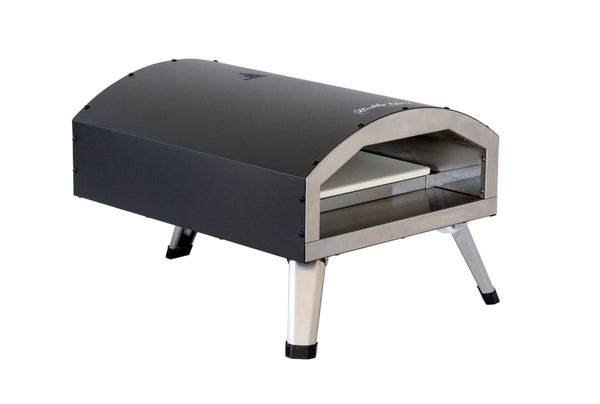 Outdoor pizza oven with black exterior and silver base on a white background