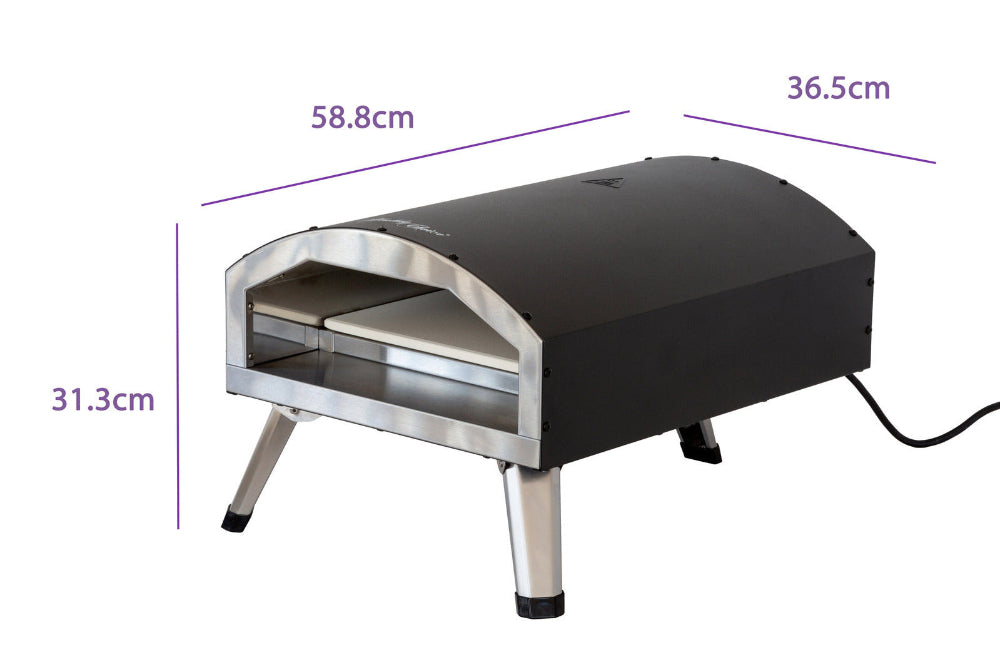 Black pizza oven with dimensions indicated on a white background