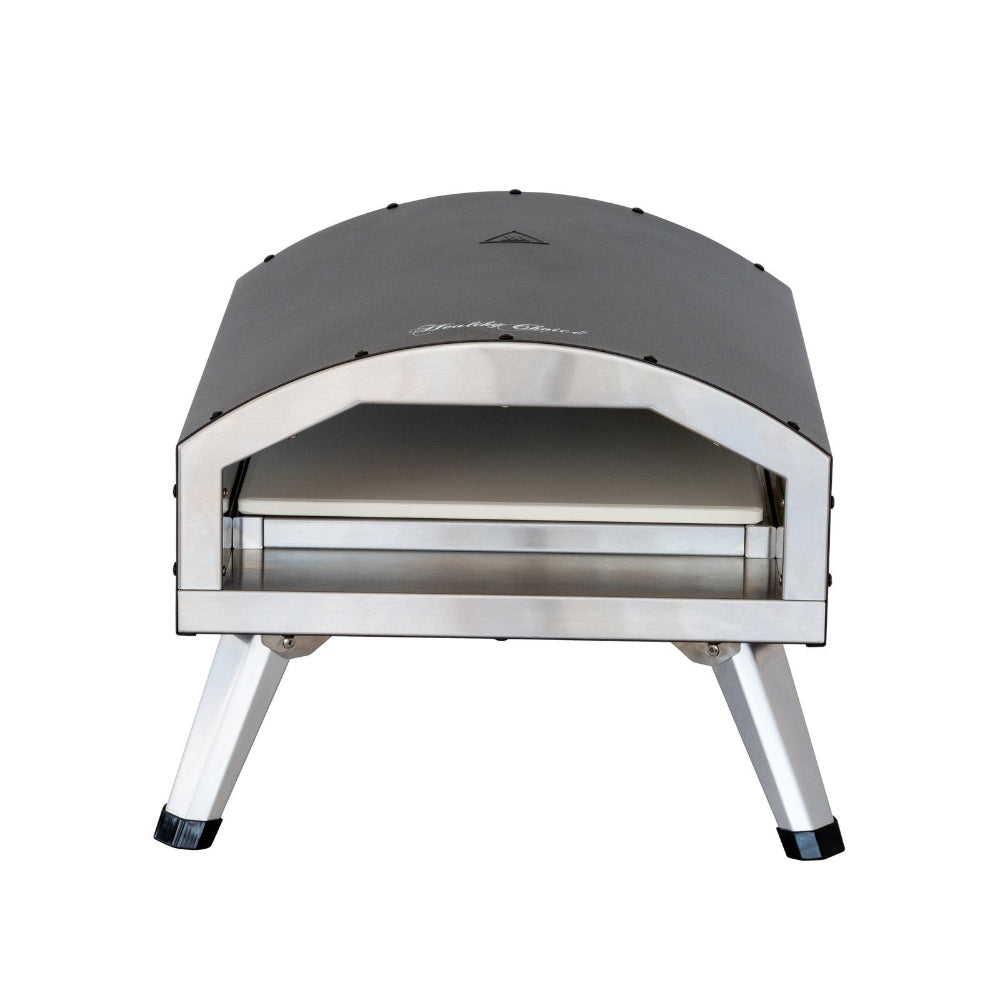 Outdoor pizza oven with gray top and silver base on a white background