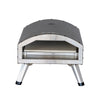Outdoor pizza oven with gray top and silver base on a white background