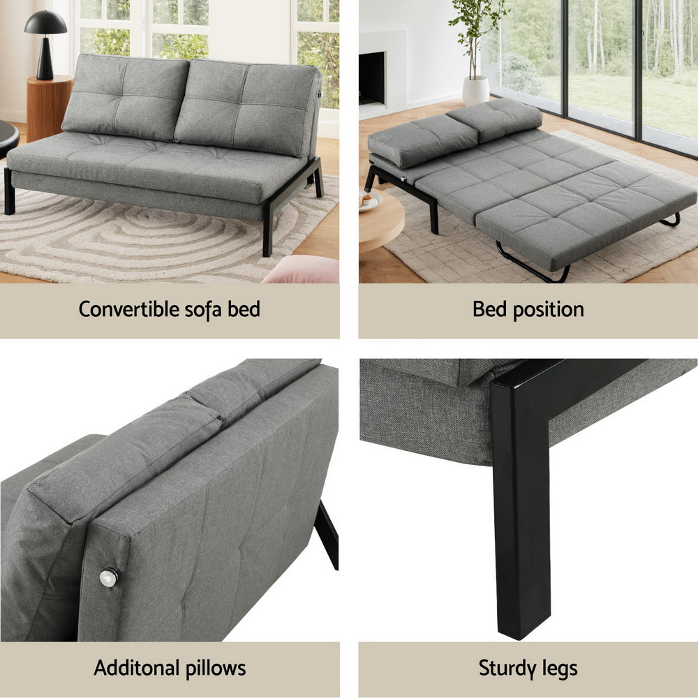 Gray convertible sofa bed shown in different positions with labels on a neutral background.