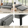 Gray convertible sofa bed shown in different positions with labels on a neutral background.