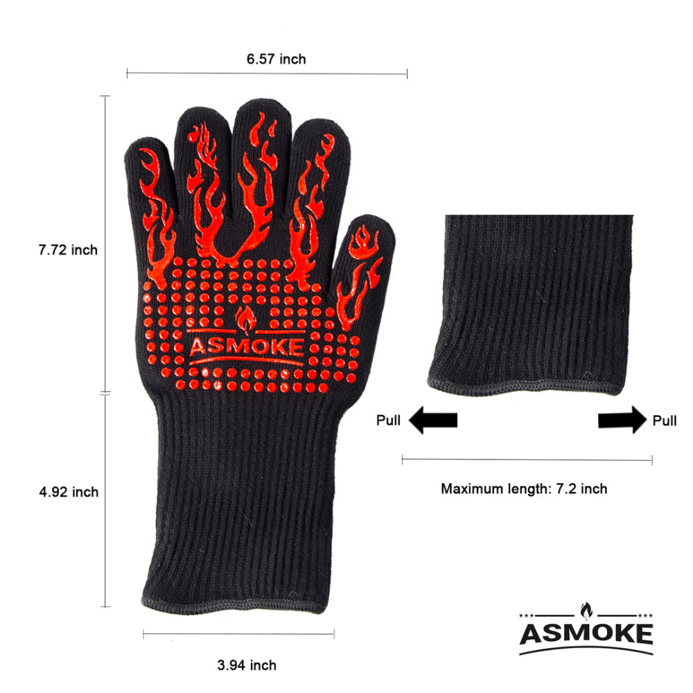 Black barbecue glove with red flame design and measurement details on a white background, featuring the ASMOKE brand.