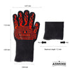 Black barbecue glove with red flame design and measurement details on a white background, featuring the ASMOKE brand.