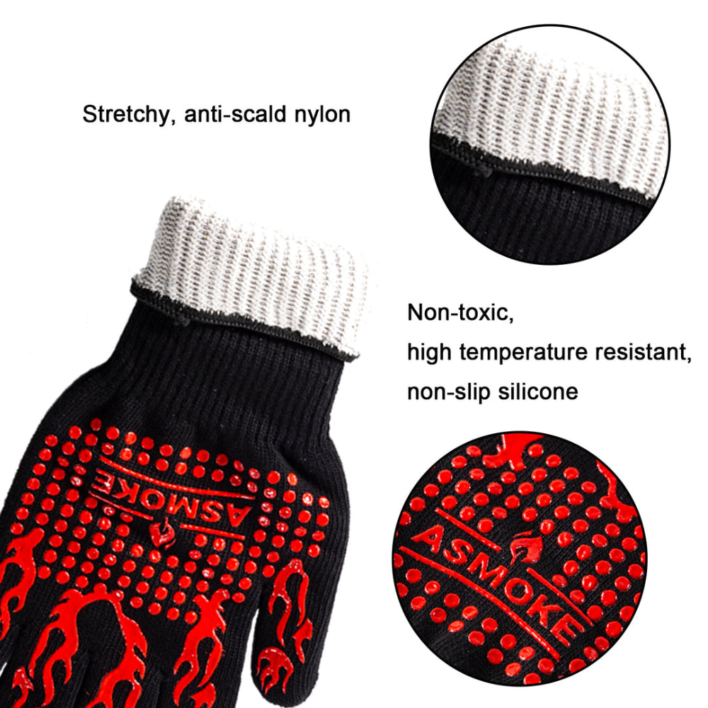 Black barbecue gloves with red text and patterns, featuring stretchy anti-scald nylon and non-toxic high-temperature resistant silicone, with 'ASMOKE' branding.