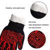 Black barbecue gloves with red text and patterns, featuring stretchy anti-scald nylon and non-toxic high-temperature resistant silicone, with 'ASMOKE' branding.