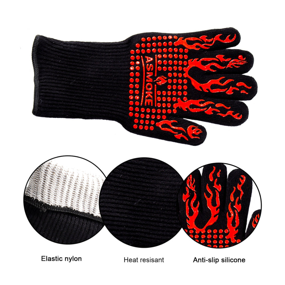 Black barbecue glove with red flame design, showing close-up details on a white background.