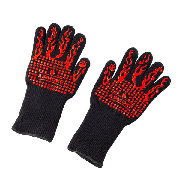 A pair of ASMOKE premium barbecue gloves with red and black coloring and flame patterns.
