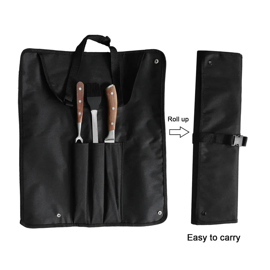 Black carrying case with grill tools and instructions on roll-up and ease of carrying.