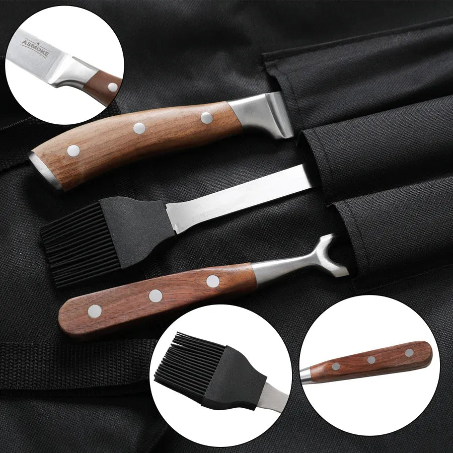 Set of barbecue tools with wooden handles on a black background