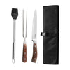 Barbecue tool set with brush, fork, knife, and black carrying case on a white background
