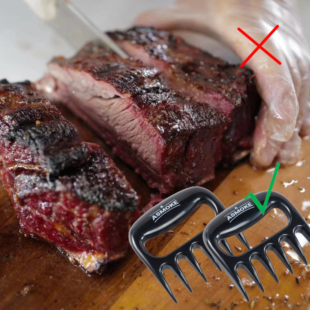 Meat claws on a cutting board with a piece of meat and a knife, indicating incorrect method.
