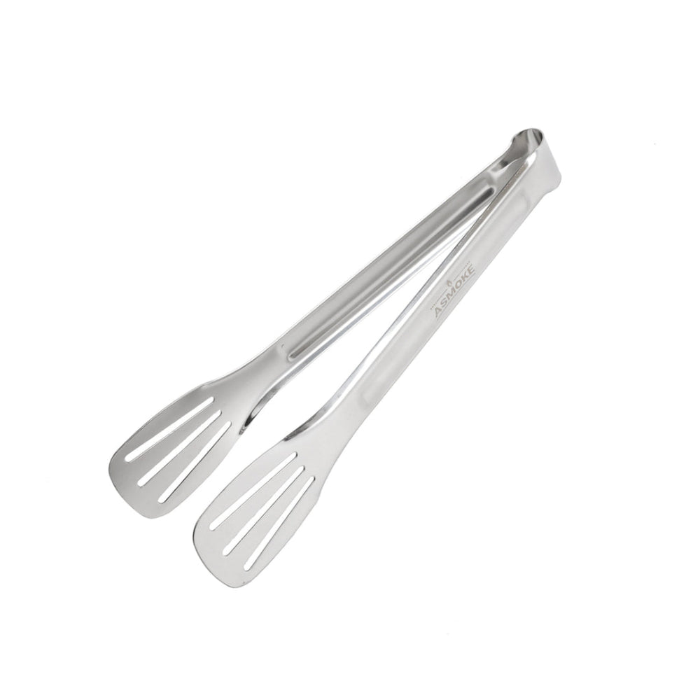 Pair of silver tongs on a white background