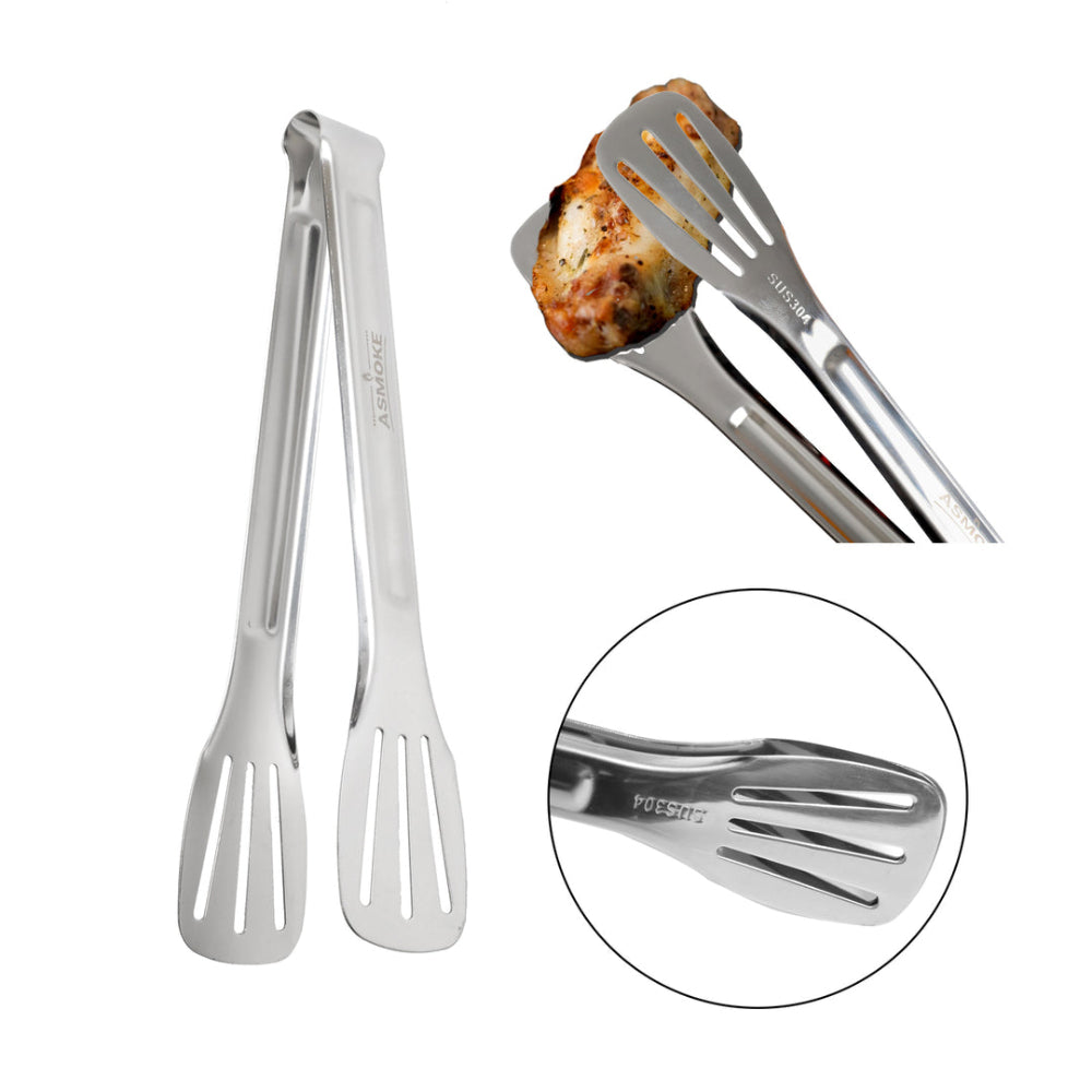 Stainless steel tongs with a close-up inset on a white background