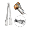 Stainless steel tongs with a close-up inset on a white background
