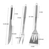 Set of three stainless steel barbecue tools with measurements on a white background