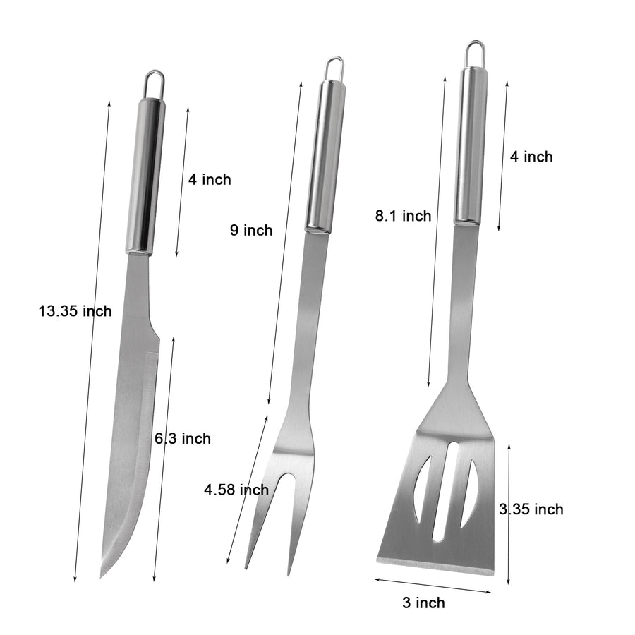Set of three stainless steel barbecue tools with measurements on a white background