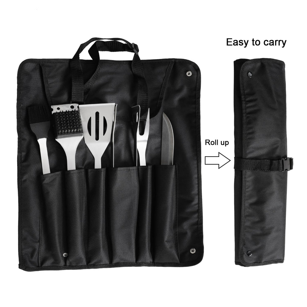 Set of BBQ tools in a black carrying case with a roll-up feature on a white background.