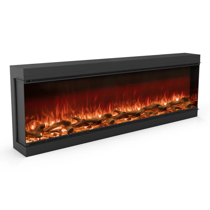 Astro 1800 Electric Fireplace single sided shape with logs and fire burning on a white background.