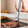 Hand holding a metal clamp over a grill with text about multi-angle clamping.