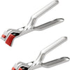 Two silver BBQ clamps with red and black grips on a white background