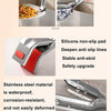 Collage of a kitchen tool with text highlighting features like silicone non-slip pad and stainless steel material.