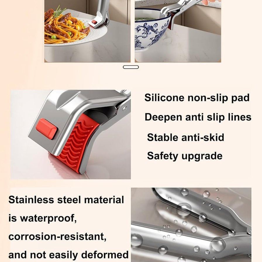Collage of a kitchen tool with text highlighting features like silicone non-slip pad and stainless steel material.