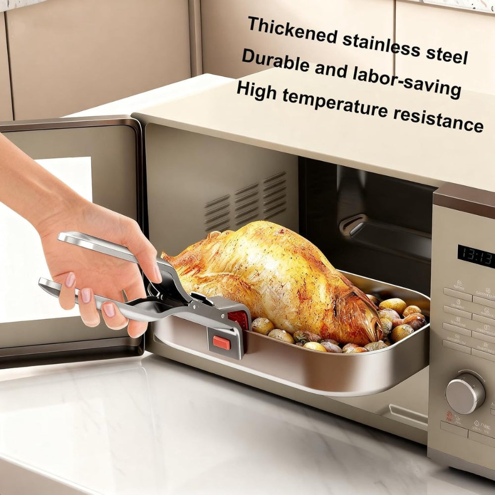 Person using tongs to remove a roasted chicken from an open microwave.