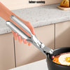 Person using a kitchen tool to flip an egg in a pan with text 'labor-saving'.