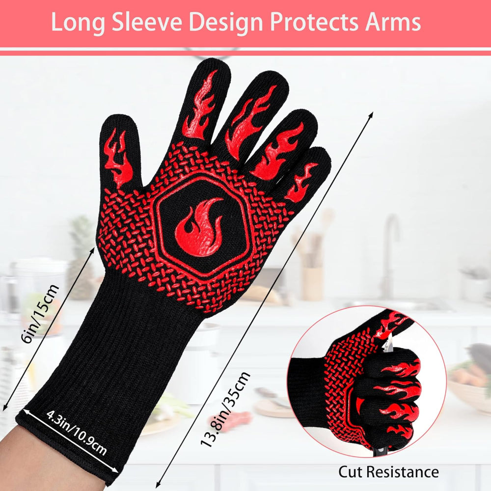 Black barbecue glove with red flame design, cut resistance feature, and measurements on a white background.