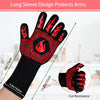Black barbecue glove with red flame design, cut resistance feature, and measurements on a white background.