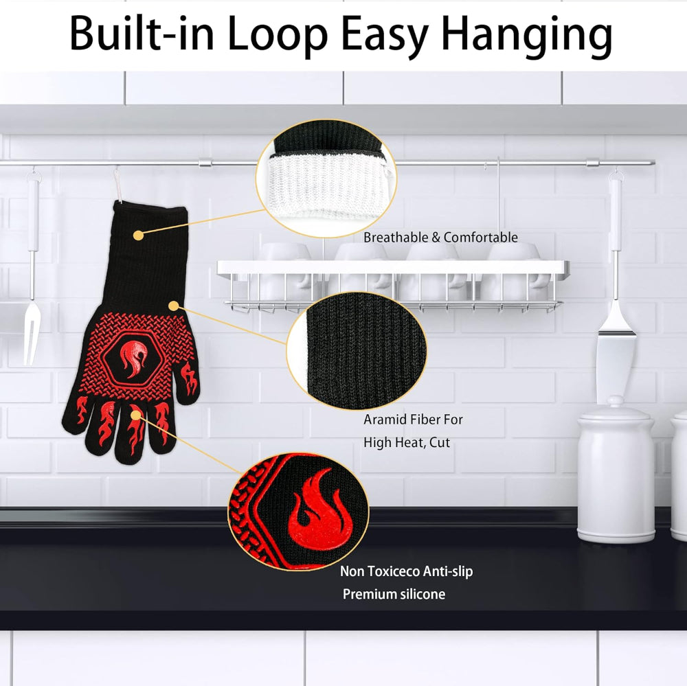 Black and red glove with features highlighted on a white tiled wall background