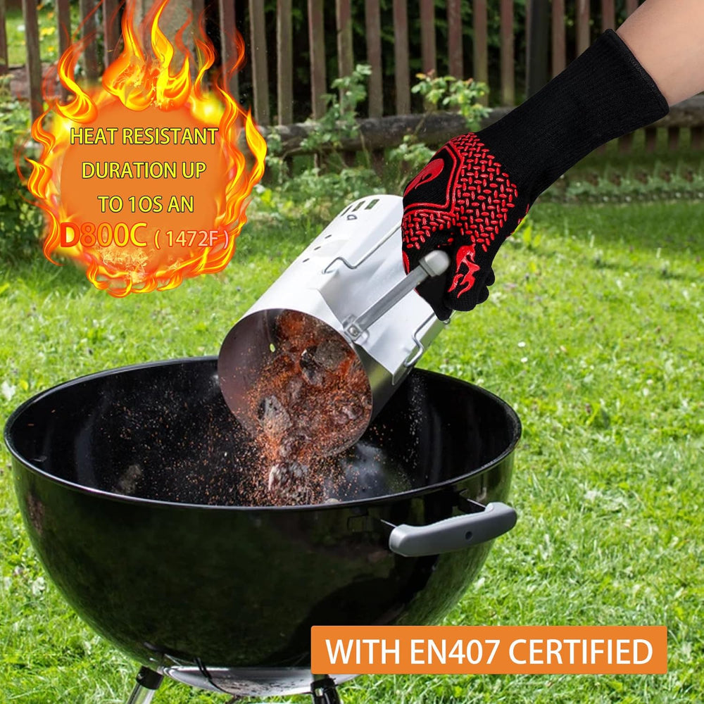 Person using a heat-resistant tool to handle hot coals from a grill, with text about heat resistance and certification.