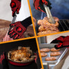 Collage of gloved hands cooking various foods on a grill.