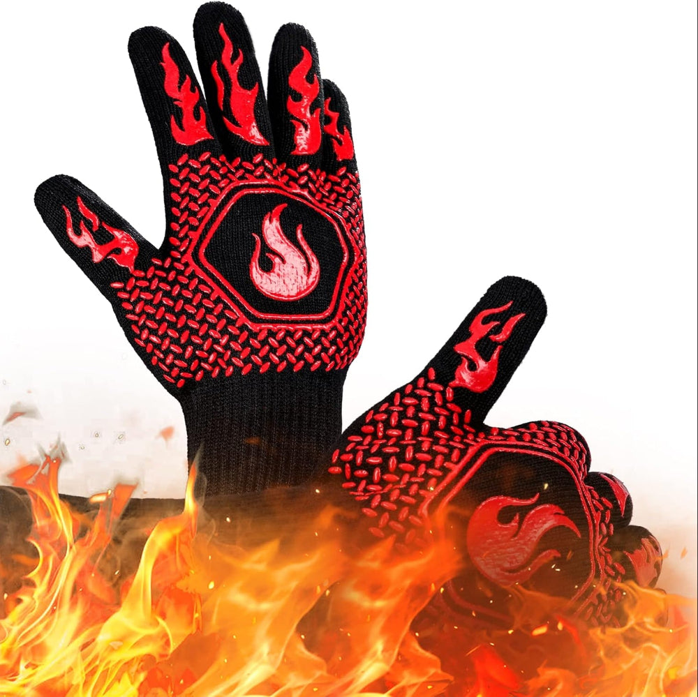 Black and red gloves with flame design on a white background