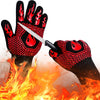 Black gloves with flame patterns holding a knife over flames