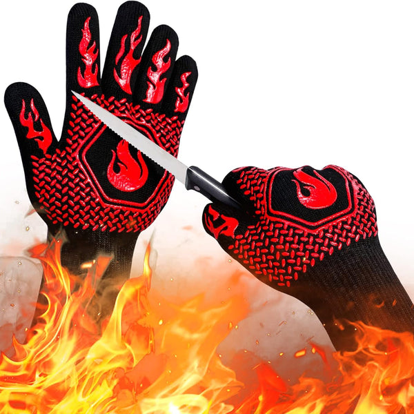 Black gloves with flame patterns holding a knife over flames