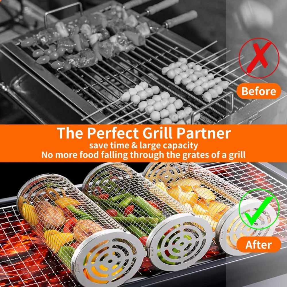 BBQ Grill baskets with food before and after using a grill guard, showing improved efficiency.