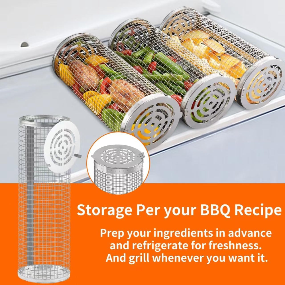 Metal BBQ Grill baskets with food inside, labeled for BBQ recipe preparation.