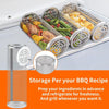 Metal BBQ Grill baskets with food inside, labeled for BBQ recipe preparation.
