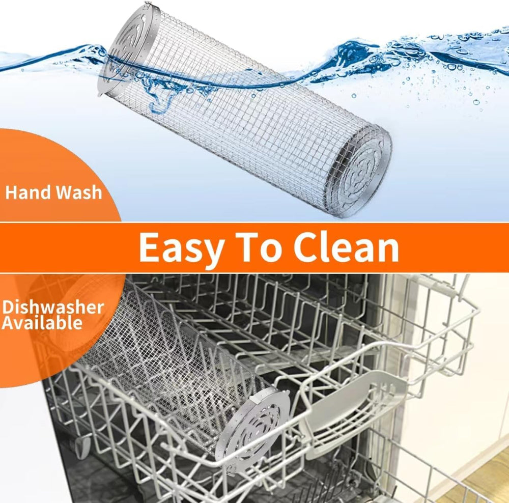 Metal BBQ Grill basket with water droplets above a dishwasher interior, emphasizing ease of cleaning.