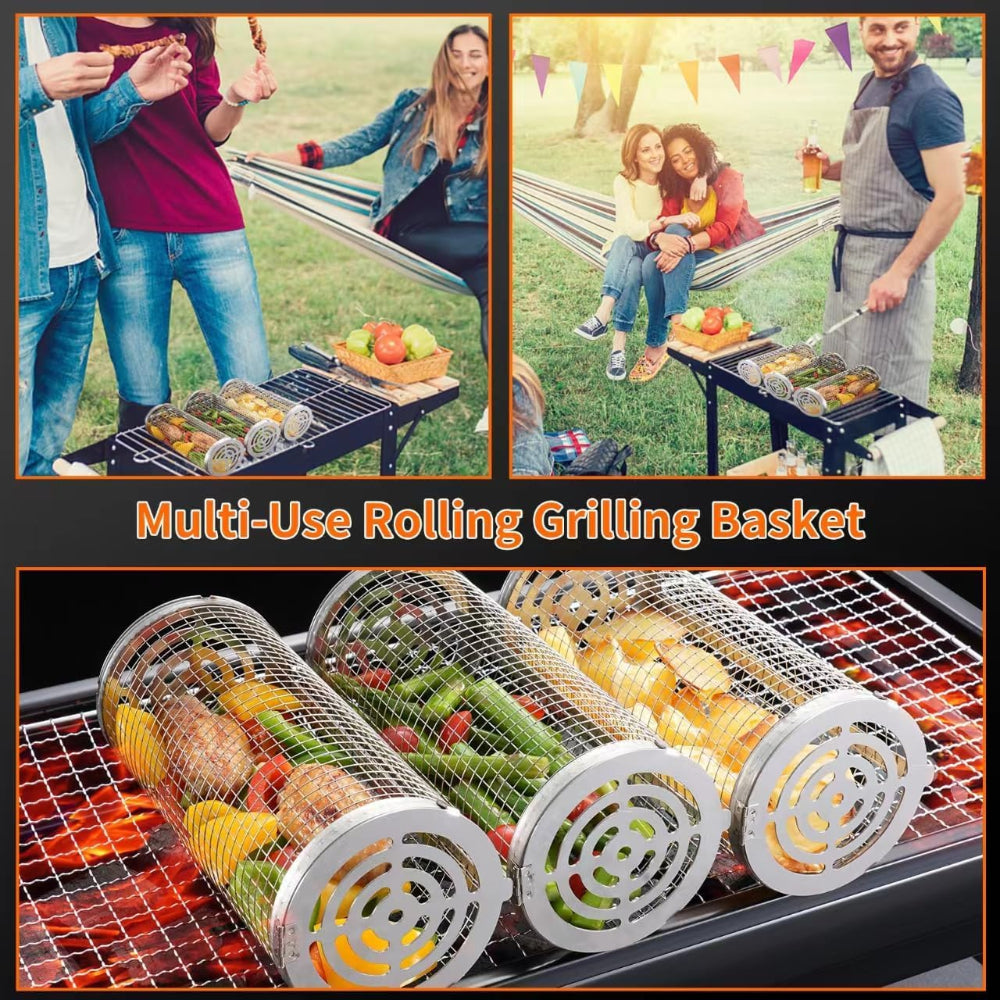 Multi-use rolling grilling basket with people enjoying outdoor activities and grilling.
