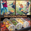 Multi-use rolling grilling basket with people enjoying outdoor activities and grilling.