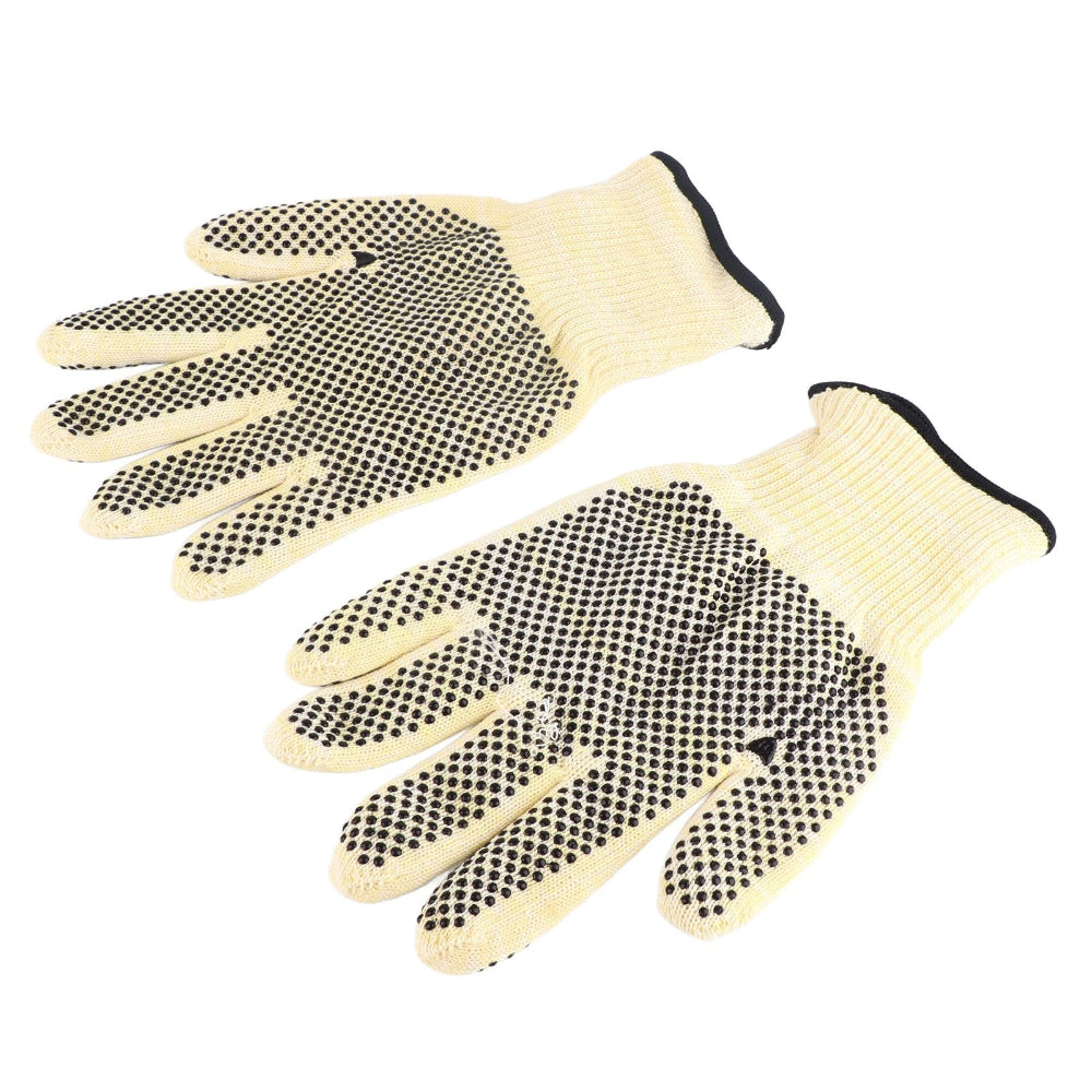 Pair of gloves with black textured dots on a white background
