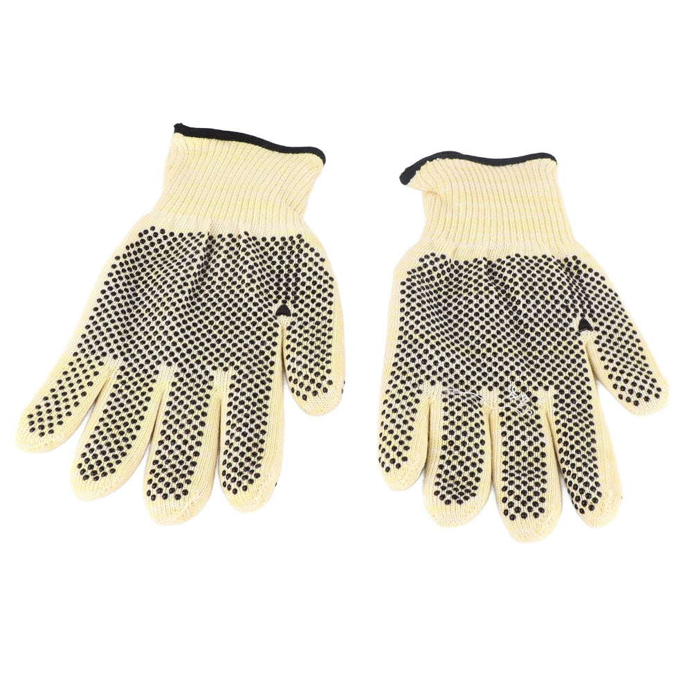 Pair of beige work gloves with black dots on a white background