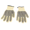 Pair of beige work gloves with black dots on a white background