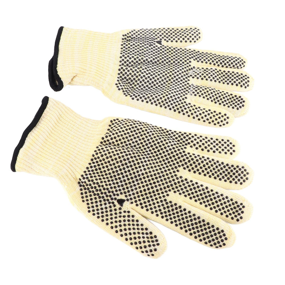 Pair of beige work gloves with black textured palm on a white background