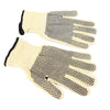Pair of beige work gloves with black textured palm on a white background