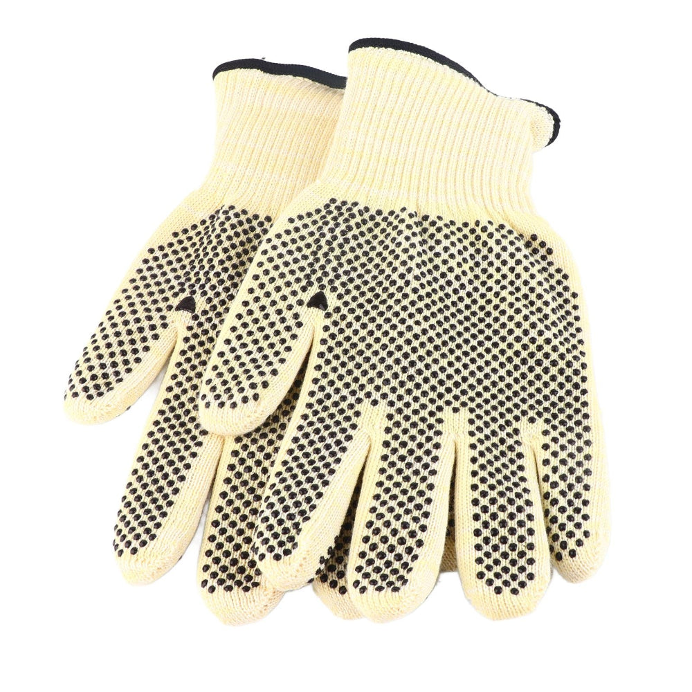 Pair of beige work gloves with black grip dots on a white background