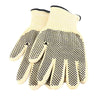 Pair of beige work gloves with black grip dots on a white background